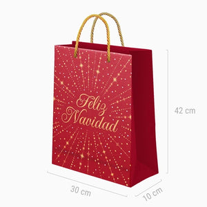 Bolsa de regalo grande Feliz Navidad roja con decoración dorada y asas de cordón, medidas de 30 × 10 × 42 cm.