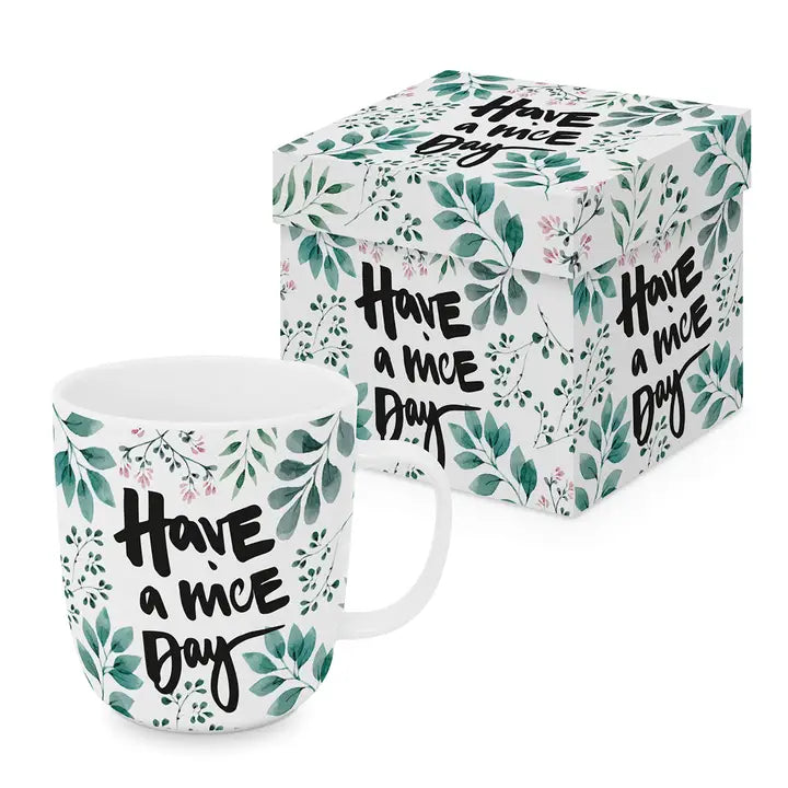Taza Have a Nice Day New Bone China 0,4l mensaje positivo mate caja regalo