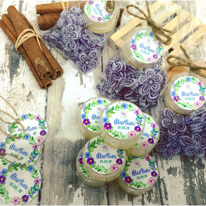 Pack caramelos violetas 12 uds + bálsamo labial 10g personalizado natural