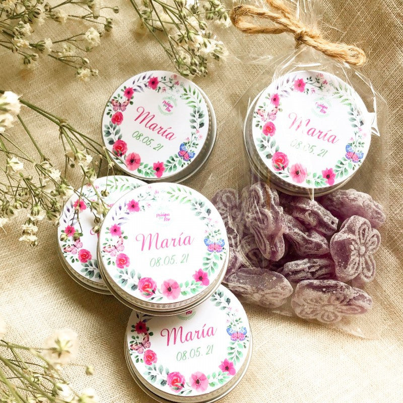 Pack caramelos violetas 12 uds + bálsamo labial 10g personalizado natural